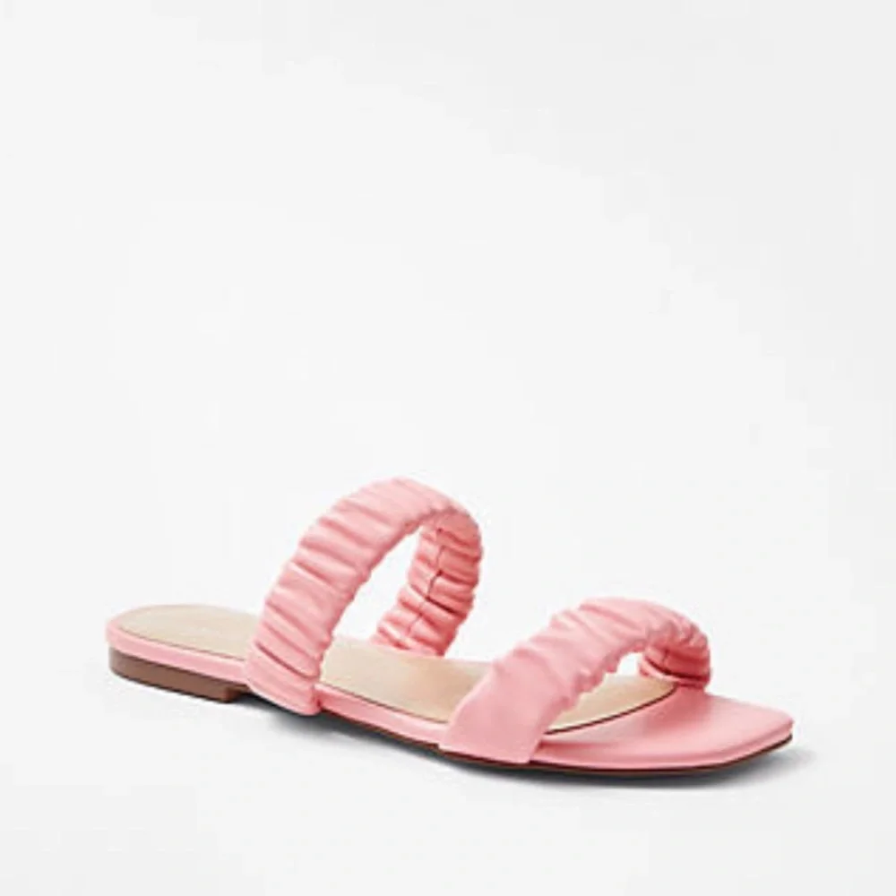 Ann Taylor NIB Leather Ruched Flat Slide Sandals‎